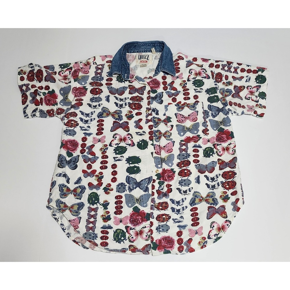 Vintage 90s Quizz Again Butterfly Ladybug Denim Collar Cotton Shirt Womens M